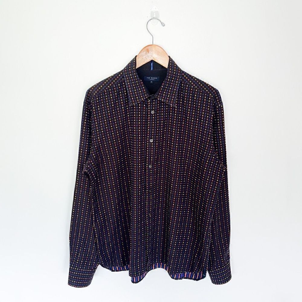 Ted Baker Men’s Multi Colored Small Square Black Long Sleeve Button Down